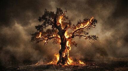 Fototapeta premium Burning tree on fire surrounded by smoke in dark environment 