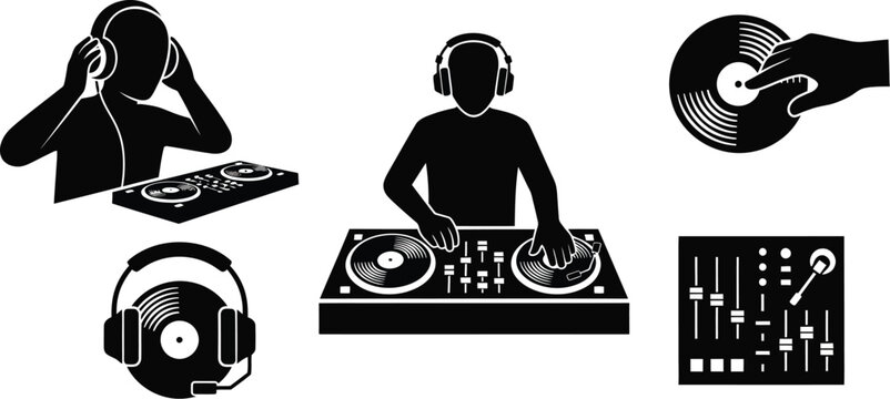 Deejay on the beats. Disc jockey (DJ) mixing music on turntables. 