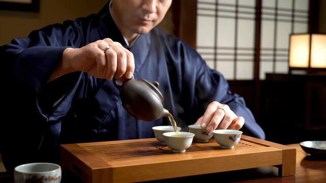 Master performs traditional Gongfu tea ceremony in a serene tea house