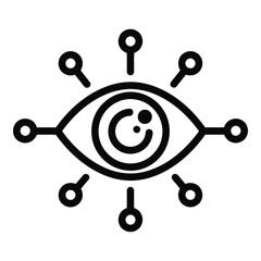 Vector icon a black and white line art illustration of an eye with a smiley face in the center surrounded by lines and circles