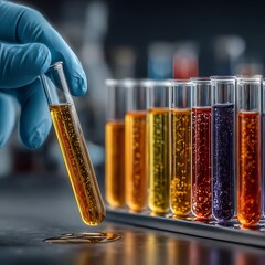 Hand in blue glove holding test tube with yellow liquid and bubbles laboratory science