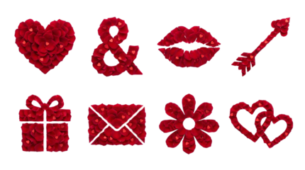 Red rose petal symbols set including heart, ampersand, lips, arrow, gift, envelope, flower, and double hearts isolated. Valentines day and romantic love collection.