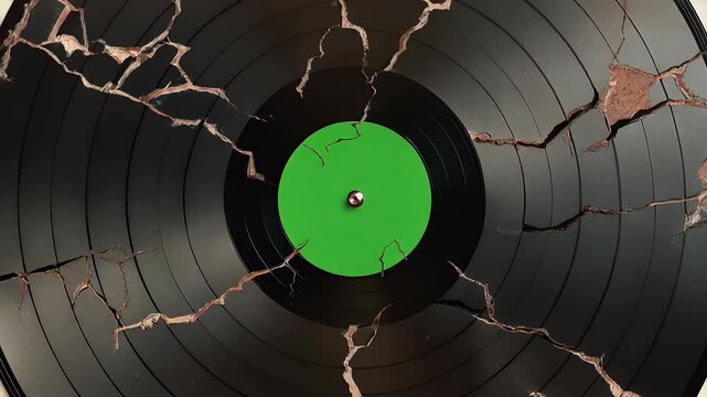 A severely cracked black vinyl record with a vibrant green label at its center, symbolizing broken music.