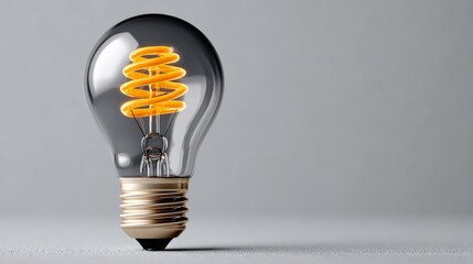 Light bulb with spiral filament glowing in vibrant orange, placed on a textured gray surface, showcasing a modern design with a clean minimal aesthetic and ample copy space for text overlay