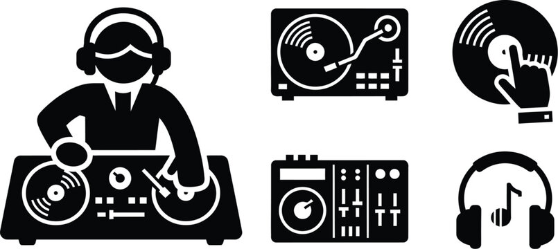 Deejay on the beats. Disc jockey (DJ) mixing music on turntables. 