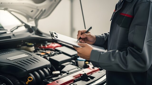 Mechanic checking car engine with clipboard and dipstick in hand