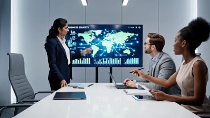 Diverse team of professionals in a modern conference room discussing business strategy, with a female manager pointing at charts and a world map with data on an interactive digital screen - Powered by Adobe