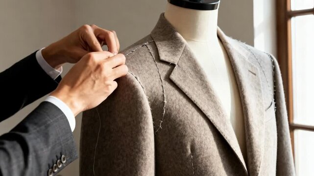 Tailor fitting a mannequin with a halfconstructed wool suit jacket adjusting the shape and structure to ensure perfect contour and comfort.
