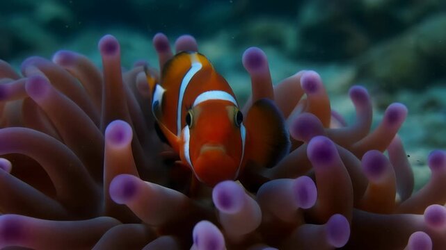 Clownfish Hiding in Purple Anemone Underwater