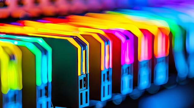 A row of network servers illuminated by glowing led lights in a modern data center - Powered by Adobe
