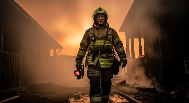 Brave firefighter walking through burning building with smoke and flames.