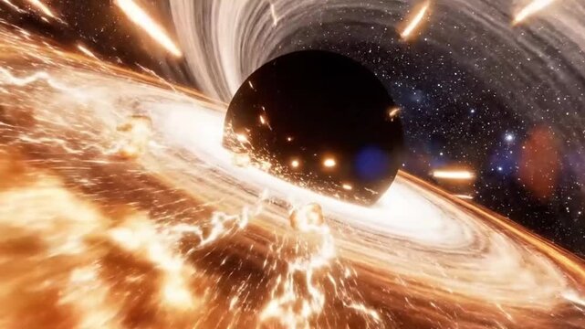 Black hole accretion disk spins rapidly, pulling in glowing plasma streams with relativistic distortion.