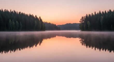 Fototapeta premium Serene Lake at Dawn - A Misty Reflection of Natures Beauty.