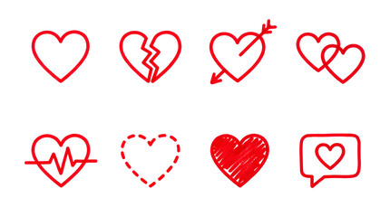 Red hand drawn heart set including broken, arrow, pulse, and chat bubble variants. Romantic love and valentine symbol collection.