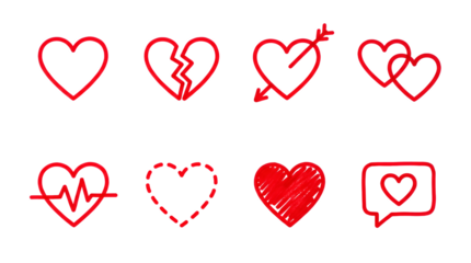 Red hand drawn heart set including broken, arrow, pulse, and chat bubble variants. Romantic love and valentine symbol collection.