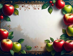 アンティーク調のゴールドフレームと瑞々しいリンゴの装飾背景