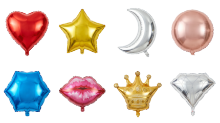 Mylar balloon set including heart, star, moon, circle, hexagon, lips, crown, and diamond shapes isolated. Party and celebration decoration collection.