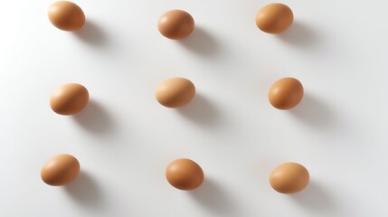 Brown eggs neatly arranged on a white surface, showcasing simplicity and natural food.