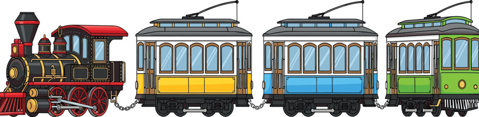Vintage train illustration with steam locomotive and colorful tram cars connected together, classic railway transport concept, retro travel and urban transit in flat vector style © Mst