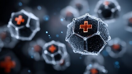 Microscopic view of dark hexagonal virus cells with glowing orange crosses science