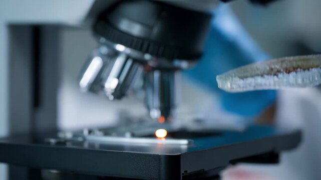 Optics technician carefully cleans microscope lenses with specialized tools to maintain perfect clarity and accurate scientific observations
