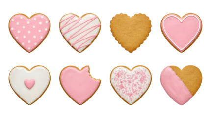 Heart shaped gingerbread cookie set including iced, polka dot, drizzled, bitten, and sprinkled variants isolated. Valentine day and romantic bakery collection.