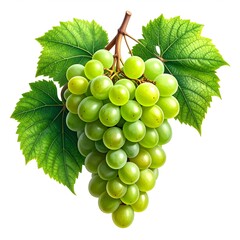 Obraz premium Fresh green grapes cluster with vine leaves isolated on white background for healthy eating and wine making concepts