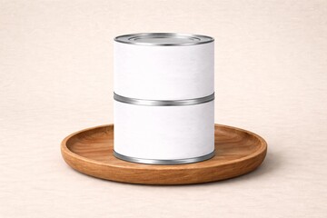 Realistic Food Tin Mockup on Wooden Plate for Packaging Design