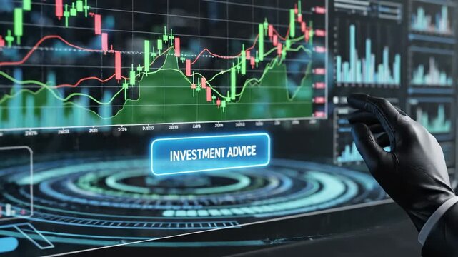 Gloved Hand Tapping Investment Hologram, Neon Trading Graphs And Circular UI Controls On Dark Control Panel, Precise Gesture Selects Investment Advice, HighTech Analytics Atmosphere