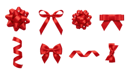 Red satin gift ribbon set including decorative bows, curly streamers, and festive knots isolated. Christmas and celebration ornament collection.