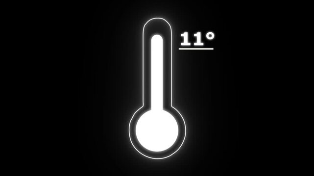 Neon Celsius thermometer displayed temperature 11 degree. Thermometer equipment showing hot or cold weather. 4K Video motion graphic animation.