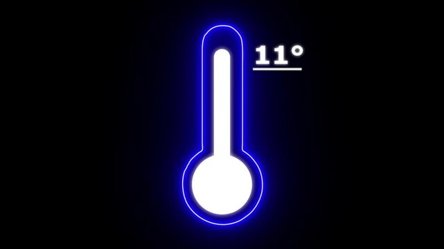 Neon Celsius thermometer displayed temperature 11 degree. Thermometer equipment showing hot or cold weather. 4K Video motion graphic animation.