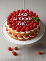 Strawberry Layer Cake With Fresh Cream Frosting and Mint Garnish Says I Love You