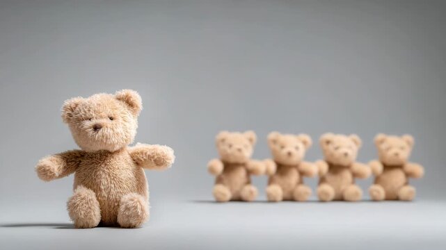 A charming collection of teddy bears, arranged against a neutral backdrop