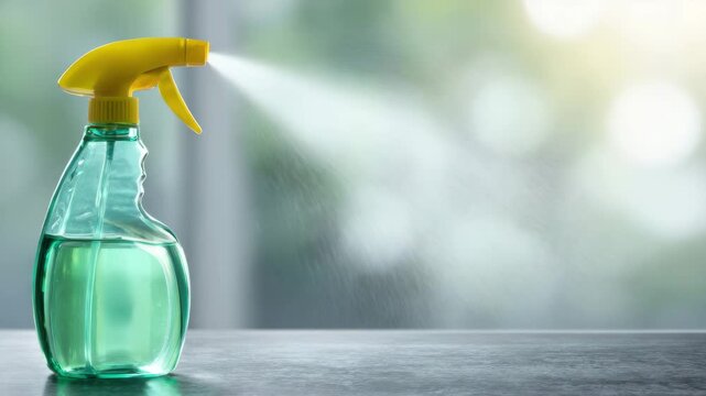 Spray bottle emitting a fine mist in a bright environment. The bottle has a yellow trigger and the spray is directed across the scene. 