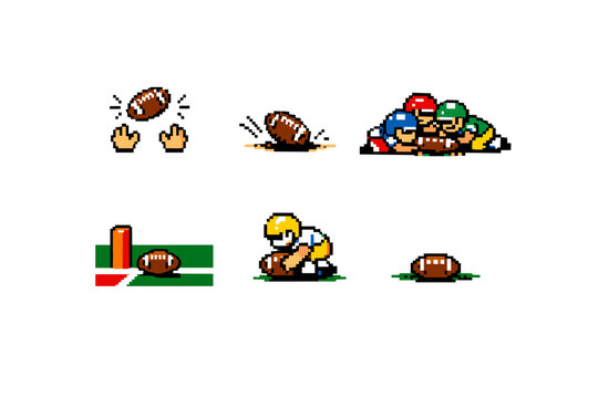 Pixel art football game action sprite sheet with six poses