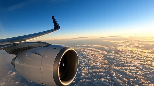 Golden hour flight passenger view of aircraft wing, engine, and vast cloudscape