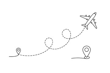 Flight route vector illustration. Airplane on dashed line on path to destination.Continuous one line drawing.