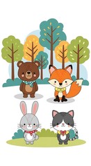 Obraz premium Adorable Cartoon Forest Friends - Bear, Fox, Rabbit, and Cat in Playful Scene.