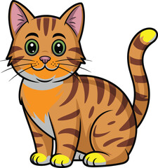 Obraz premium Cute Tabby Cat Cartoon Illustration Featuring Sitting Smiling Kitten with Bright Eyes, Adorable Pet Character and Friendly Animal Design Vector