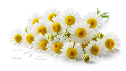 White chamomile daisies scattered on white background