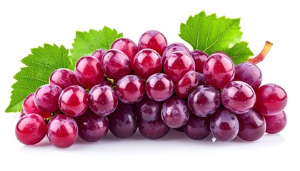 Fototapeta premium Fresh red grapes cluster with vine leaves isolated on white background for healthy eating and wine making concepts