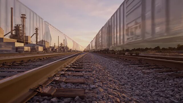 Endless steel tracks guide a powerful freight train through an industrial landscape under a dramatic sky, a journey of industry and connection