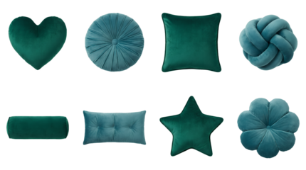 Velvet decorative pillow set including heart, star, round, square, knot, and bolster shapes isolated. Modern home textile and interior design accessories collection.