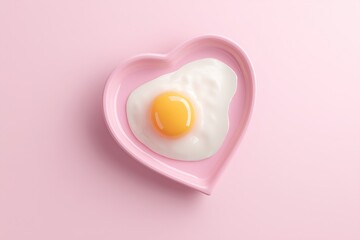 A single fried egg with a bright yellow yolk served in a pink heart-shaped dish on a pink background