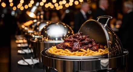 Delicious buffet with pasta and ribs at a formal event