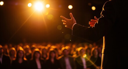 Confident speaker engaging audience with dynamic presentation in spotlight
