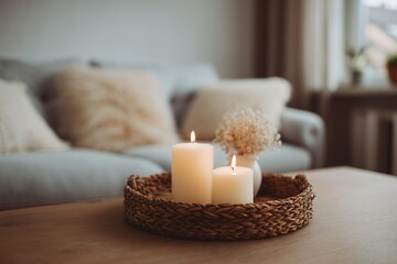 Cozy living room ambiance with lit candles and soft pillows on a sofa