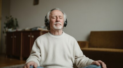 Elderly man with headphones meditating peacefully at home, finding inner calm and relaxation