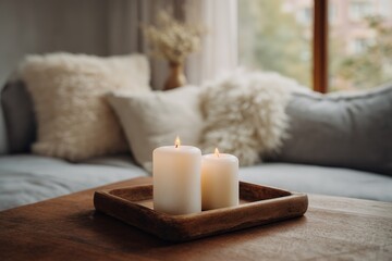 Cozy living room ambiance with lit candles and soft pillows on a sofa